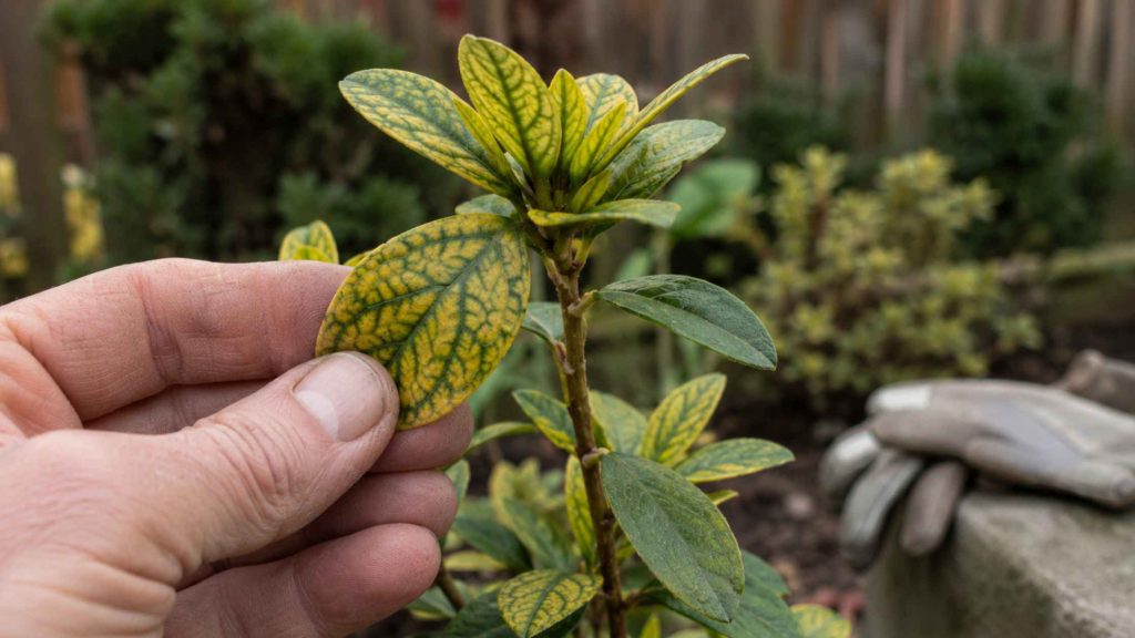 Chloroza azalii – żółknięcie blaszki liściowej z zachowanymi zielonymi nerwami przy zbyt wysokim pH gleby