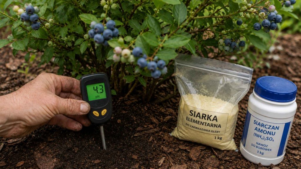 Pomiar pH gleby pod borówką amerykańską pehametrem elektronicznym z siarką i siarczanem amonu do zakwaszania