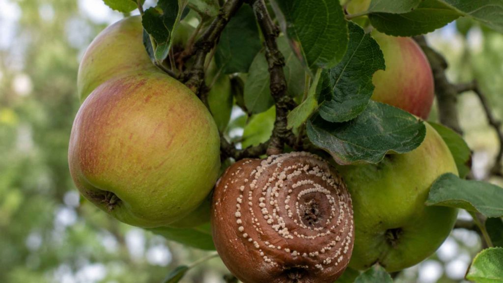 Brunatna zgnilizna jabłek z koncentrycznymi kręgami zarodników