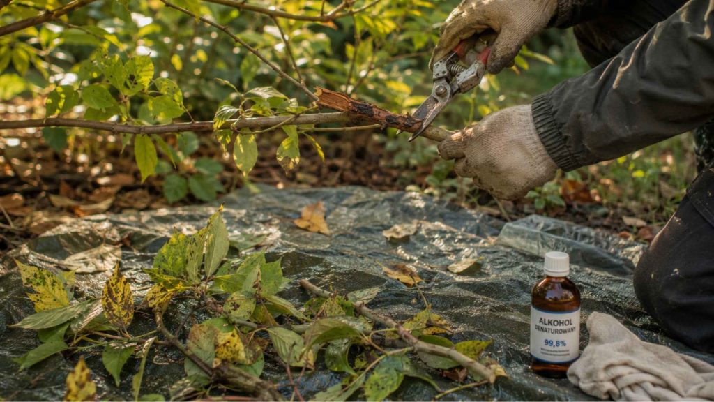 Cięcie sanitarne zamierających pędów derenia kousa z dezynfekcją narzędzi po każdym cięciu