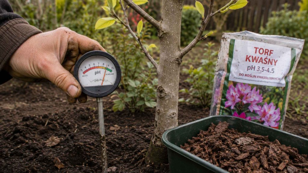 Pomiar pH gleby pod magnolią i przygotowanie kwaśnego torfu oraz kory sosnowej do zakwaszenia