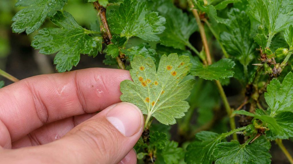 Rdza agrestu widoczna jako pomarańczowe krostki na spodzie liści