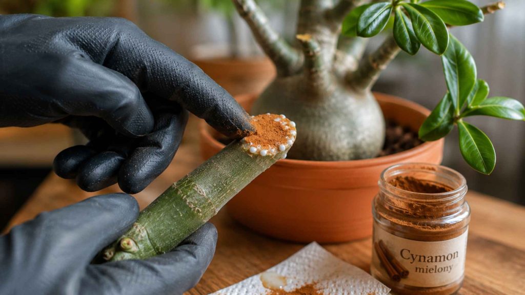 Posypywanie świeżej rany po cięciu adenium mielonym cynamonem jako naturalny środek grzybobójczy