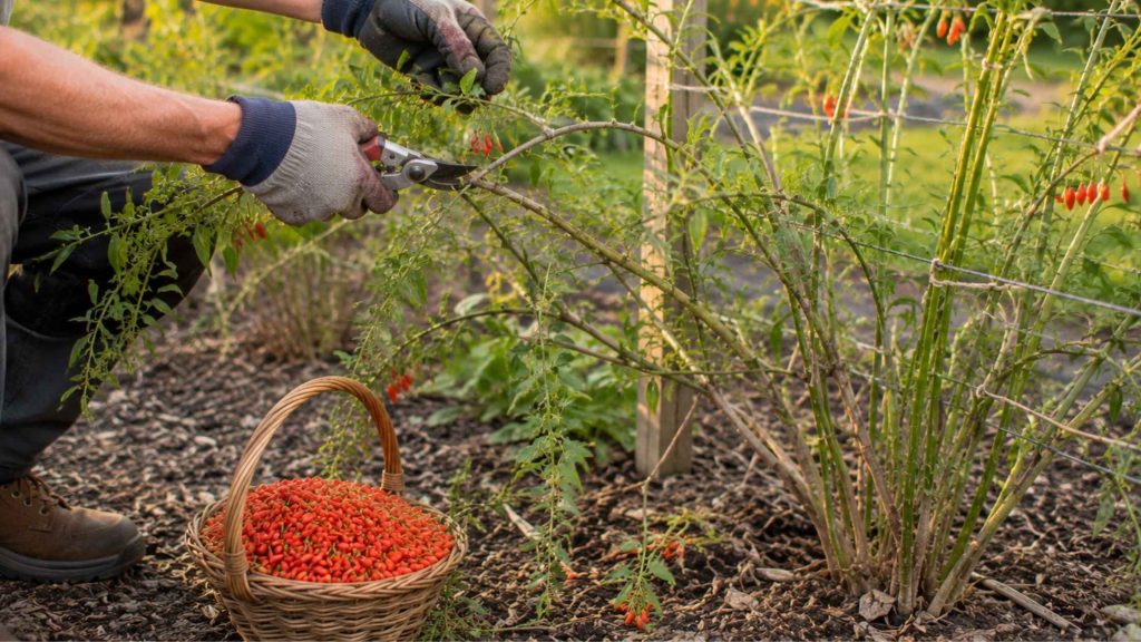 Usuwanie pędu jagody goji po zakończeniu owocowania jesienią przy koszyku świeżo zebranych czerwonych jagód
