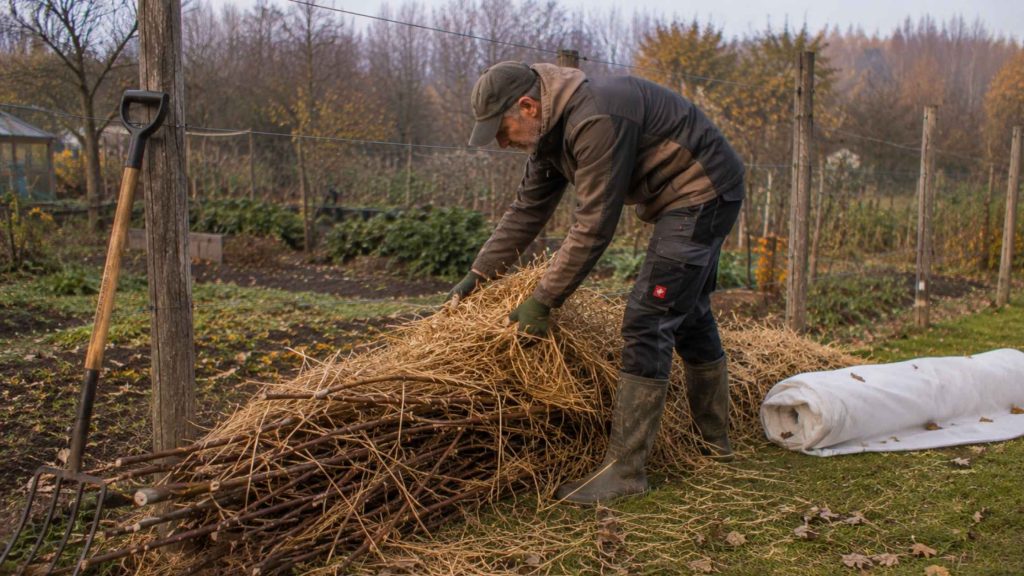 Okrywanie suchą słomą odwiązanych pędów jeżyny bezkolcowej ułożonych na ziemi przed zimą po jesiennym cięciu