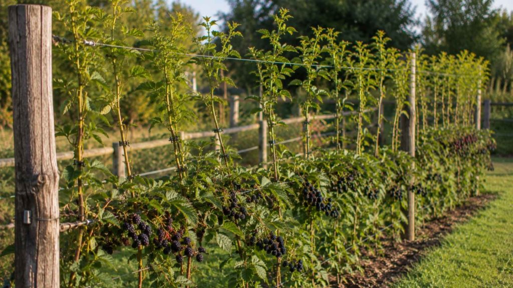 System szpalerowy dla jeżyny bezkolcowej z dwupoziomowymi drutami i pędami jednorocznymi i dwuletnimi oddzielnie