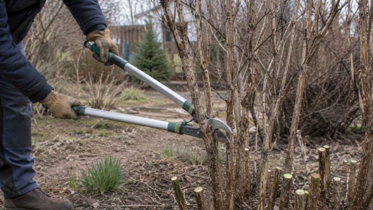 Radykalne cięcie odmładzające zaniedbanych pędów krzewuszki cudownej wczesną wiosną do 40 cm nad ziemią
