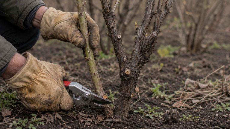 Porównanie jasnooliwkowego pędu jednorocznego i ciemnoszarego starego pędu porzeczki czarnej przed cięciem odmładzającym